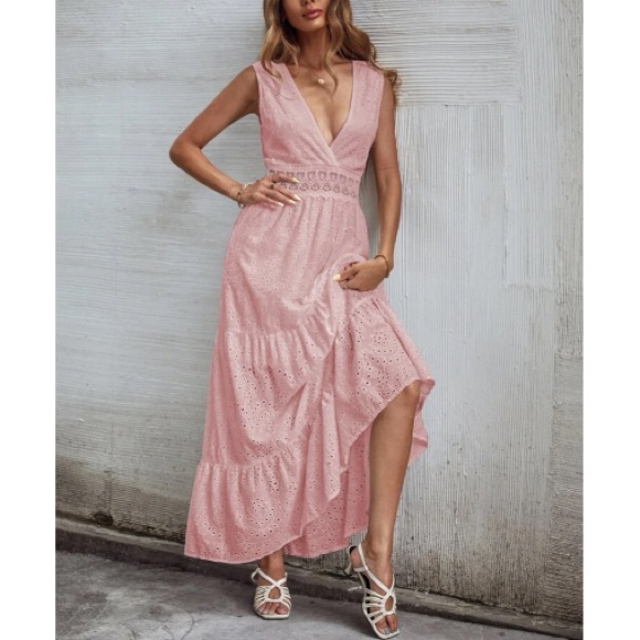 Boho green  lace insert V neck ruffle hem maxi dress - Picture 14 of 16